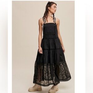Black Lace Pieced Jacquard Strap Skirtall Large BOHO